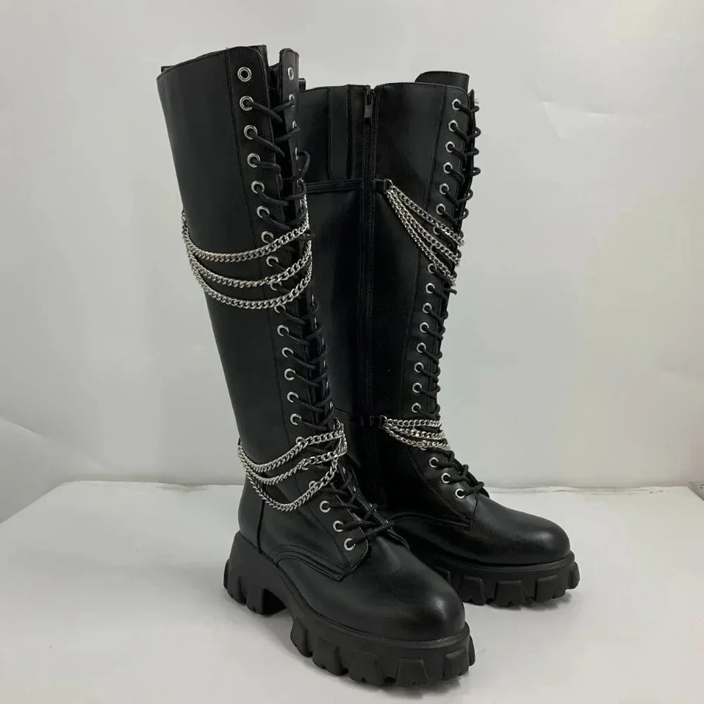 Hot Topic Women’s Black Chains Platform Side Zip Knee-High Boots Size 10 NWOB - Picture 2 of 16